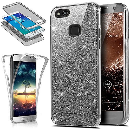 Kompatibel mit Huawei P9 Lite Hülle Schutzhülle Case,Full-Body 360 Grad Bling Glänzend Glitzer Klar Durchsichtige TPU Silikon Hülle Handyhülle Tasche Front Cover Schutzhülle für Huawei P9 Lite,Schwarz von ikasus