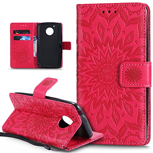 Kompatibel mit Moto G5 Hülle,Moto G5 Schutzhülle,Moto G5 Leder Hülle,Prägung Mandala Blumen Sonnenblume PU Lederhülle Flip Hülle Cover Ständer Etui Wallet Tasche Case Schutzhülle für Moto G5,Rot von ikasus