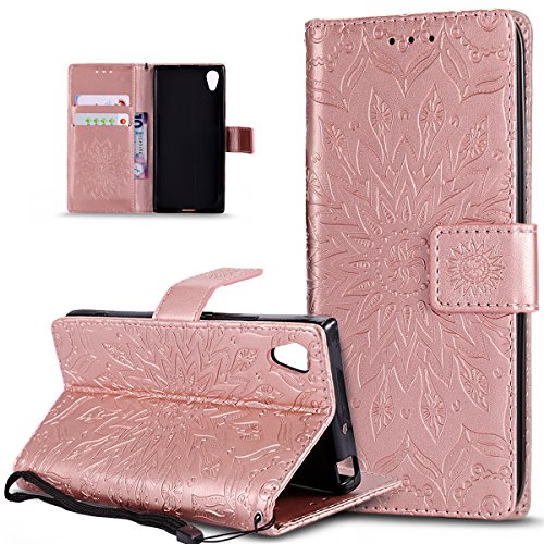 Kompatibel mit Schutzhülle Sony Xperia XA1 Hülle Handyhülle Lederhülle,Prägung Mandala Blumen Sonnenblume PU Lederhülle Flip Hülle Cover Ständer Wallet Tasche Case Schutzhülle,Rose Gold von ikasus