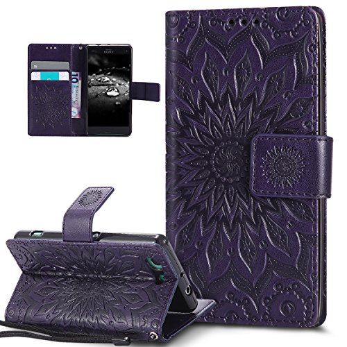 Kompatibel mit Sony Xperia Z3 Compact Hülle,Prägung Mandala Blumen Sonnenblume Muster PU Lederhülle Flip Hülle Cover Schale Ständer Etui Wallet Tasche Case Schutzhülle für Sony Xperia Z3 Compact,Lila von ikasus