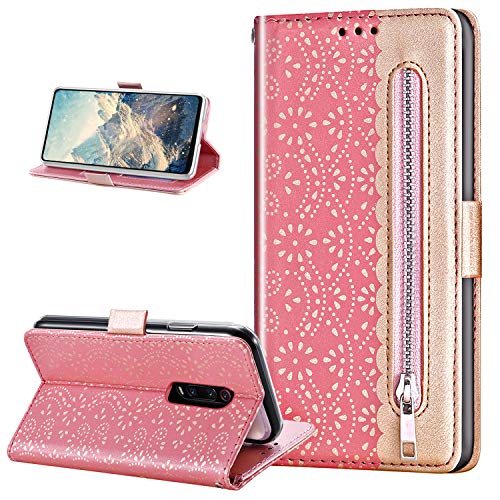 Lederhülle Kompatibel mit Xiaomi Mi 9T Hülle/9T Pro Hülle,Prägung Elegante Spitze Bow Lanyard PU Lederhülle Flip Hülle Cover Ständer Wallet Tasche Schutzhülle Handyhülle für Xiaomi Mi 9T,Rose Gold von ikasus
