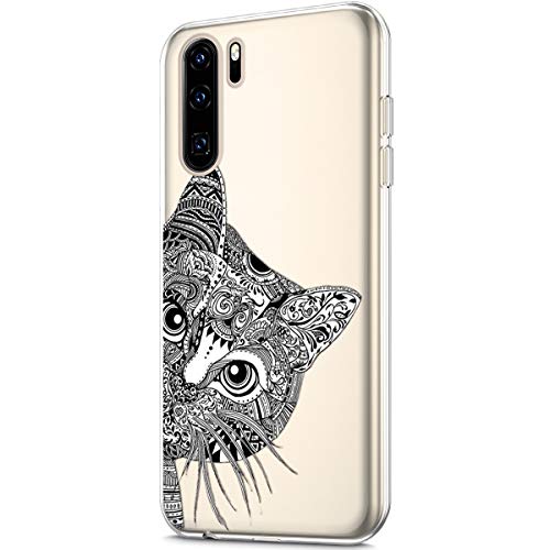 Schutzhülle für Huawei P30 Pro, Silikonhülle, TPU, Kunstmalerei, Blumenmotiv, ultradünn, halb-hybrid, kristallklar, weich, dünn, TPU, Motiv: Schwarze Katze von ikasus