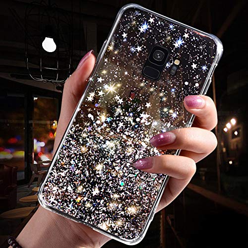 Silikon Hülle für Galaxy S9 Hülle Schutzhülle,Funkelnd Bling Glänzend Glitzer Kristall Pailletten Sterne Durchsichtig Kristallklar TPU Silikon Handyhülle Case Tasche Schutzhülle für Galaxy S9,Schwarz von ikasus