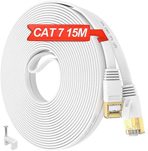 15 Meter LAN Kabel Cat 7 15m Netzwerkkabel Hochgeschwindigkeits S/FTP Schirmung Patchkabel, RJ45 Flach 15m LAN Kabel 10000Mbit/s Gigabit Internet Kabel für Router, Modem, Switch, PC (Weiß, 15 Clips) von ikbc