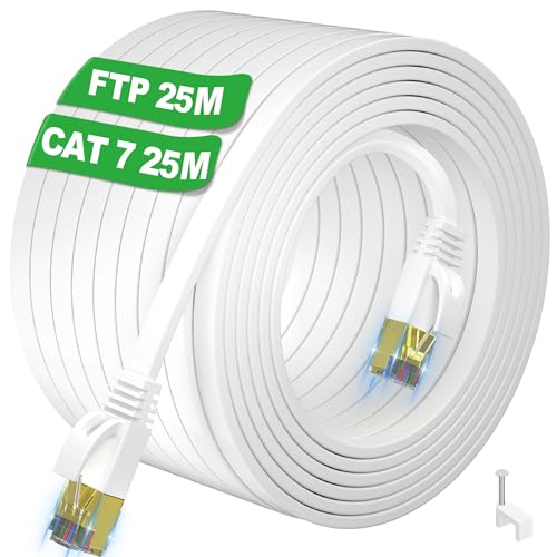 25m CAT 7 LAN Kabel 25 Meter Netzwerkkabel Gigabit Ethernet Kabel - 10000 Mbit s - Patchkabel - Cat.7 Rohkabel S/FTP PIMF Schirmung mit RJ45 Stecker - Switch Router Modem Access Point (Weiß, 25 Clips) von ikbc