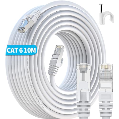 Cat 6 LAN Kabel 10 meter, Netzwerkkabel 10m Hochgeschwindigkeit FTP Abschirmung Ethernet Kabel 10 meter Cat6 RJ45 Gigabit Internet Kabel 1Gbps 250MHz Patchkabel für Router PS5 Switch Modem (10 Clips) von ikbc