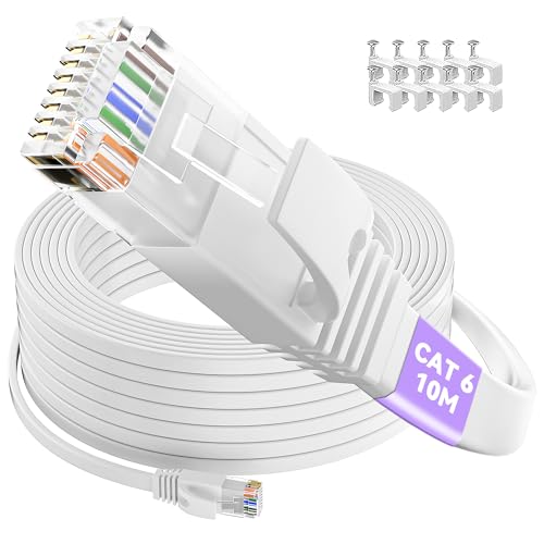 LAN Kabel 10 Meter Flach, Cat 6 Netzwerk 10m Hochgeschwindigkeits 1000Mbps 250MHz, Indoor RJ45 Weiß Ethernet, Gigabit Internet UTP Datenkabel für Router Switch PC (10 Clips) von ikbc