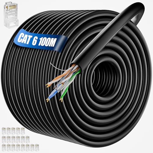 LAN Kabel 100 Meter Outdoor, Bulk Netzwerkkabel 100m Verlegekabel Cat 6, Außen Lang RJ45 Kabel 100m Ethernet Kabel 250MHz, 23AWG UTP Schwarz Gigabit Internet Kabel Wasserdicht für Router Switch Modem von ikbc