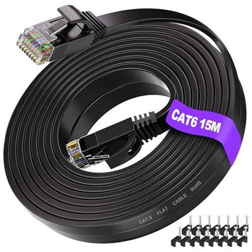 ikbc LAN Kabel 15m, Cat 6 Flachkabel Hochgeschwindigkeit Netzwerkkabel, Gigabit RJ45 Ethernet Kabel für Router, PS4/5, Schwarz, mit 15 Kabelschellen von ikbc