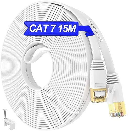 LAN Kabel 15 Meter Cat 7, Netzwerkkabel 15m Weiß Hochgeschwindigkeits Internet Kabel Schirmung S/FTP, Flach Ethernet Kabel RJ45 Wlan Kabel Datenkabel, Gigabit Patchkabel für Router Switch (15 Clips) von ikbc