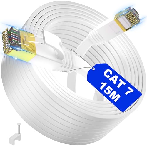 LAN Kabel 15 Meter Cat 7, Netzwerkkabel 15m Weiß Hochgeschwindigkeits Internet Kabel Schirmung S/FTP, Flach Ethernet Kabel RJ45 Wlan Kabel Datenkabel, Gigabit Patchkabel für Router Switch (15 Clips) von ikbc