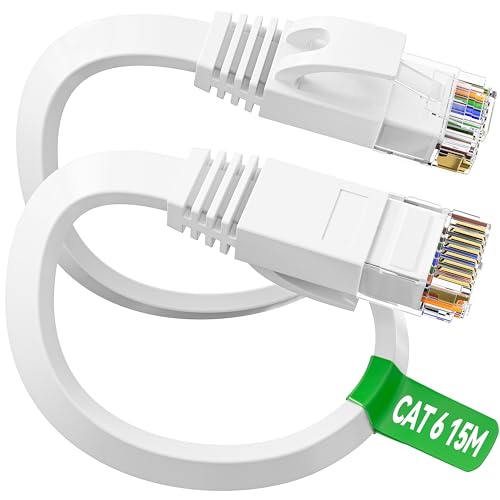 LAN Kabel 15 meter, Cat 6 Netzwerkkabel 15m Flach Weiß, Hochgeschwindigkeits UTP Ethernet Kabel 1000Mbps 250MHz, Wasserdicht Gigabit Internet Kabel RJ45 Patchkabel für Router Switch Modem (15 Clips) von ikbc