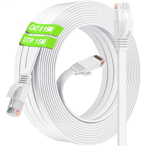 15 Meter LAN Kabel Cat 6, Netzwerkkabel 15m Hochgeschwindigkeits Flach Weiß Ethernet Kabel, UTP RJ45 Weiss Internet Kabel Lang Patchkabel für Router Modem Switch PC Xbox Laptop PS5 PS4 (15 Clips) von ikbc