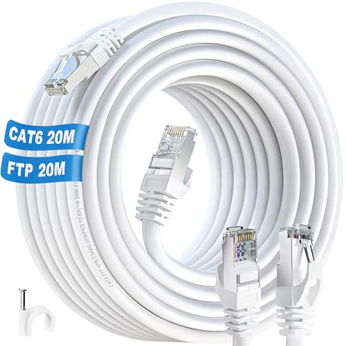 ikbc LAN Kabel 20 meter, Cat 6 Netzwerkkabel 20m FTP Abschirmung Ethernet Kabel Hochgeschwindigkeit Gigabit RJ45 Kabel 20m 23AWG Cat 6 Kabel Outdoor Indoor Patchkabel für Router PS4/5 (20 Clips) von ikbc
