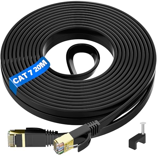 Ethernet Kabel 20m, Cat 7 Internetkabel Flaches Gigabit Lan Netzwerk RJ45 Hochgeschwindigkeits Patchkabel Flach 10Gbps UTP Kompatibel mit Xbox / PS4 / PS3 / Switch / Router / Modem von ikbc