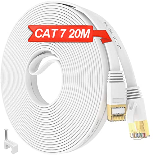 LAN Kabel 20meter CAT 7 Netzwerkkabel 20m, Flach Ethernet Kabel PIMF Schirmung Hochgeschwindigkeit Gigabit 10000Mbits RJ45 Patchkabel Wlan Kabel Internet Wasserfest, für Router Modem Switch (20 Clips) von ikbc