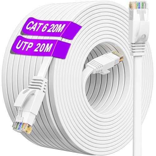 LAN Kabel 20meter weiß, Flach Netzwerkkabel 20m Cat 6 Hochgeschwindigkeits Gigabit-10/100/1000Mbit/s, Cat6 RJ45 20m Ethernet Kabel UTP, Flachbroad Internet Patchkabel für Router Switch Modem(20 Clips) von ikbc