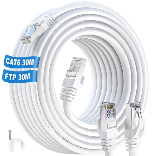 ikbc LAN Kabel 30 meter, Cat 6 Netzwerkkabel 30m FTP Abschirmung Ethernet Kabel 30m Hochgeschwindigkeit Gigabit RJ45 Internet Kabel 30m Wlan Kabel 23AWG Patchkabel für Router PS4/5 Router (30 Clips) von ikbc