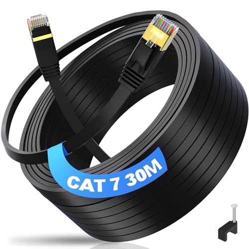 LAN Kabel 30 meter Outdoor Indoor, Netzwerkkabel Cat 7 30m Hochgeschwindigkeits Gigabit Ethernet Kabel Flach Cat 7 30m Abgeschirmt - S/FTP, 10Gbps 600MHz - RJ45 Patchkabel für Router PS4/5 (30 Clips) von ikbc