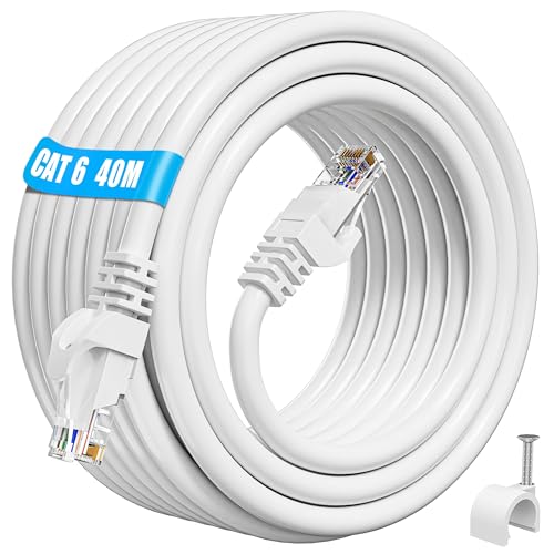 LAN Kabel 40 Meter Outdoor Indoor, Netzwerkkabel 40m Weiß Gigabit Ethernet Kabel Cat 6 Hochgeschwindigkeits, 23AWG Internet Kabel 40m Wasserdicht RJ45 Patchkabel UTP für Modem, Router, PS4/5(40 Clips) von ikbc