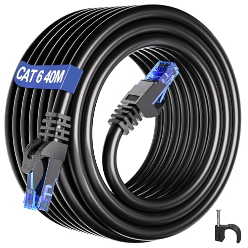 LAN Kabel 40 meter, Netzwerkkabel Verlegekabel 40m Outdoor Cat 6, Lang Internet Kabel Aussen Hochgeschwindigkeits RJ45 Ethernet Kabel, 23AWG Installationskabel Datenkabel Schwarz Patchkabel (40 Clips) von ikbc