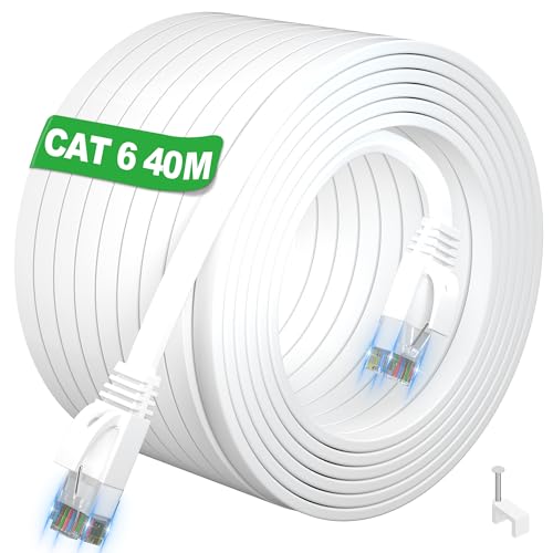 LAN Kabel 40 meter Outdoor Indoor, Netzwerkkabel 40m Weiß Flach Ethernet Cable Cat 6 Hochgeschwindigkeits, Gigabit RJ45 Internet Kabel 1000Mbps 250MHz, Lang Patchkabel für Router Modem Xbox (40 Clips) von ikbc