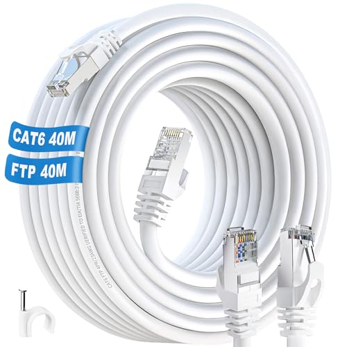 ikbc LAN Kabel 40 Meter, Cat 6 Netzwerkkabel 40m FTP Abschirmung Ethernet Kabel 40m Hochgeschwindigkeit Internet Kabel Gigabit RJ45 Kabel 23AWG Patchkabel Weiß für Router PS4/5 (40 Clips) von ikbc
