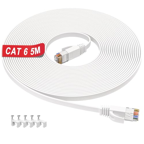 LAN Kabel 5 meter Flach, Netzwerkkabel 5m Cat 6 Hochgeschwindigkeits 1000Mbps 250MHz, Indoor Kabel RJ45 5m Weiß Ethernet Kabel, Gigabit Internet Kabel UTP Datenkabel für Router Switch PS4/5 (5 Clips) von ikbc