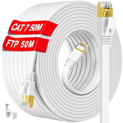 LAN Kabel 50 meter, Cat 7 50m Netzwerkkabel weiß, Hochgeschwindigkeit Ethernet kabel Flach- 10000 Mbits, S/FTP RJ45 Cat7 Internet Patchkabel 50m Outdoor Indoor Wasserdicht, für Switch/Router(50 Clips) von ikbc