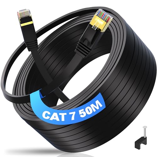 LAN Kabel 50 meter Outdoor Indoor, Cat 7 50m Netzwerkkabel Hochgeschwindigkeits Gigabit Ethernet Kabel Cat 7 50m Flach Patchkabel Schwarz, S/FTP RJ45 Internet Kabel Wasserdicht für Router (50 Clips) von ikbc