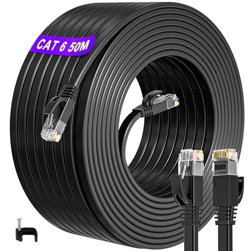ikbc LAN Kabel 50 meter, Cat 6 Netzwerkkabel 50m Flach, Hochgeschwindigkeits Ethernet Kabel Internet 50m, Gigabit RJ45 PatchKabel Wasserdicht für Router Switch PS4/5 (50 kabelschellen) von ikbc