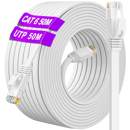 LAN Kabel 50 meter Outdoor Indoor, Netzwerkkabel 50m Weiß Cat 6 Ethernet Kabel, Hochgeschwindigkeits Flach Internetkabel 50m 1000Mbps, Lang Gigabit RJ45 Patchkabel für Router Switch Modem (50 Clips) von ikbc