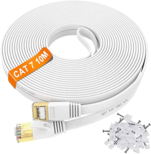 LAN Kabel 10 meter Cat 7, Netzwerkkabel 10m Flach Hochgeschwindigkeit Ethernet Kabel Weiß Internet Kabel 10m Patchkabel Cat 7 RJ45 Schirmung FTP, Schneller als Cat6/Cat5, für Router Switch (10 Clips) von ikbc