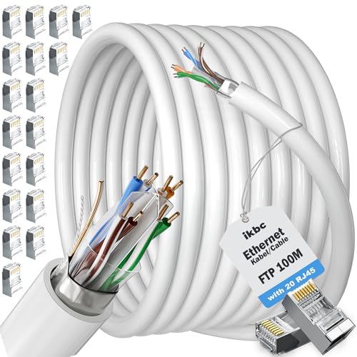 ikbc LAN Kabel 100 Meter, Cat 6 Ethernet Kabel FTP Abschirmung, 23AWG Gigabit Netzwerkkabel Weiß, Wasserdichtes Installationskabel Outdoor Indoor (mit 20 RJ45 Steckern) von ikbc