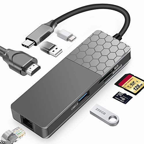 USB C Hub Aluminium Multi-Port Adapter 4K HDMI (60Hz), Gigabit Ethernet, USB-C Laden, SD/Micro Kartenleser, USB 3.0 Dockteck 7-in-1 100W Power Delivery (YC-760) von ikismet