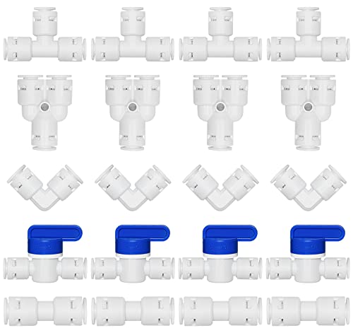 ilauke 20 Stück Wasserzulaufleitung Universal Anschluss-Set, RO Wasserfilter Fitting für 1/4 Zoll (6mm) Kühlschrankschlauch Wasserschlauch Side by Side Kühlschrank (Y + T + I + L Typ + Absperrventil) von ilauke
