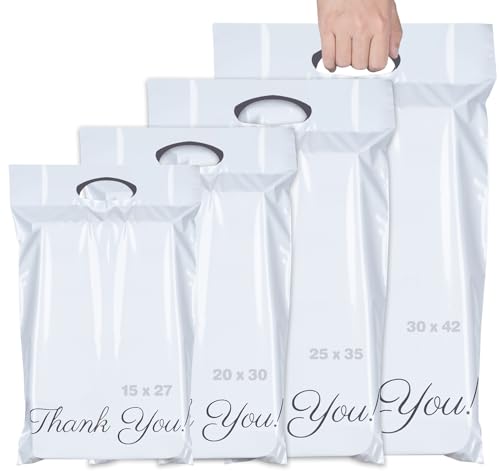 ilauke 60 Stück Versandbeutel Versandtasche, 4 Größe C5 A4 B4 A3 Versandtaschen Plastiktüten mit “Thank You” Versandtaschen Selbstklebend Blickdicht und Reißfest für Kleidung Und Textilien, Weiße von ilauke