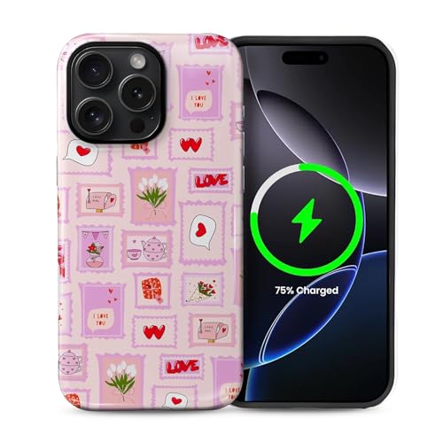 ilikediy Schutzhülle für iPhone 15 Pro Max [kompatibel mit Magsafe], Musterdesign, Schutzhülle für Frauen und Mädchen, Hybrid-Hartschale, Silikon, magnetische Hülle, C-Briefmarken, Liebesblumen von ilikediy