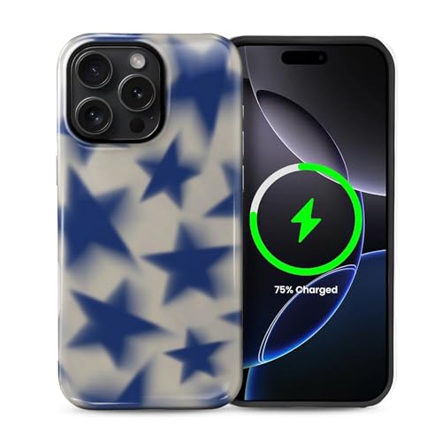ilikediy Schutzhülle für iPhone 15 Pro Max [kompatibel mit Magsafe], Musterdesign, Schutzhülle für Frauen und Mädchen, Hybrid-Hartschale, Silikon, magnetische Hülle, C-Retro-Stil, blaue Sterne von ilikediy
