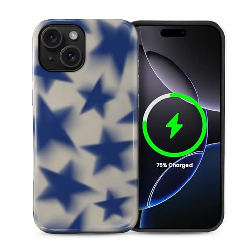 ilikediy Schutzhülle für iPhone 15 [kompatibel mit Magsafe], Musterdesign, Schutzhülle für Frauen und Mädchen, Hybrid-Schutzhülle, 2-lagig, Hartschale, Silikon, magnetisch, C, Retro-Stil, blaue Sterne von ilikediy