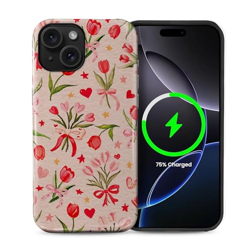 ilikediy Schutzhülle für iPhone 15 [kompatibel mit Magsafe] Muster Design Hülle für Damen und Mädchen, Hybrid-Schutzhülle aus 2-lagigem Silikon, magnetische Hülle, C-Blumen, Herzen, Schleifen von ilikediy