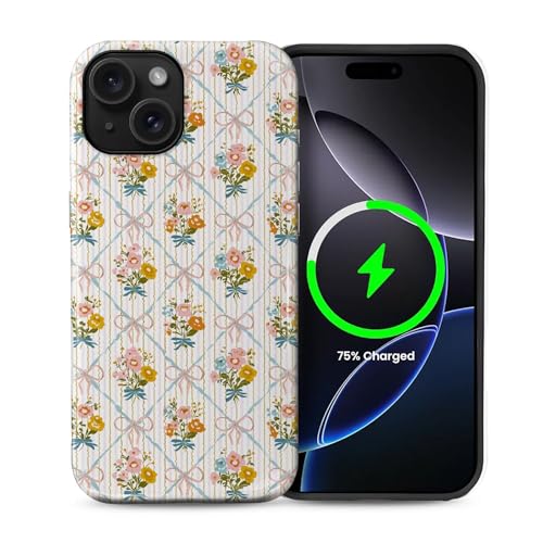ilikediy Schutzhülle für iPhone 15 [kompatibel mit Magsafe] Muster Design Hülle für Frauen und Mädchen, Hybrid-Schutzhülle aus 2-lagigem Silikon, magnetische Schutzhülle, C-Ölgemälde, Blumen, Schleife von ilikediy