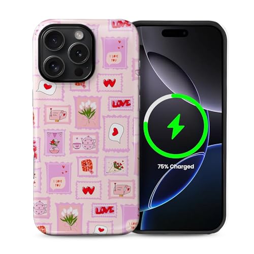 ilikediy Schutzhülle für iPhone 16 Pro Max [kompatibel mit Magsafe], Musterdesign, Schutzhülle für Frauen und Mädchen, Hybrid-Hartschale, Silikon, magnetische Hülle, C-Briefmarken, Liebesblumen von ilikediy