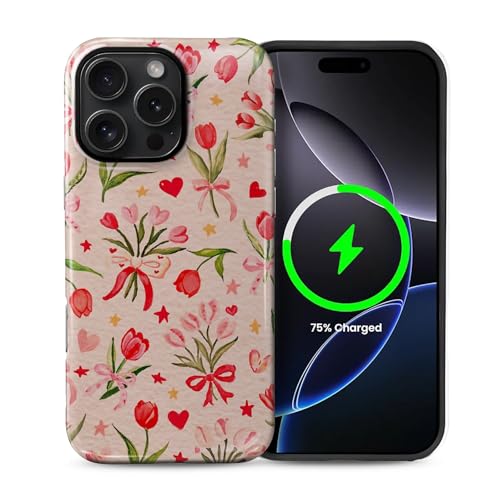 ilikediy Schutzhülle für iPhone 16 Pro Max [kompatibel mit Magsafe], Musterdesign, Schutzhülle für Frauen und Mädchen, Hybrid-Hartschale, Silikon, magnetische Schutzhülle, C-Blumen, Herzen, Schleifen von ilikediy