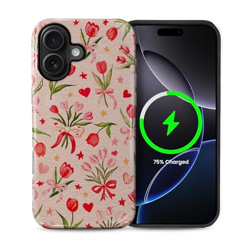 ilikediy Schutzhülle für iPhone 16 [kompatibel mit Magsafe], Musterdesign, Schutzhülle für Damen und Mädchen, Hybrid-Schutzhülle, 2-lagig, Hartschale, Silikon, magnetische Hülle, C-Blumen, Herzen von ilikediy