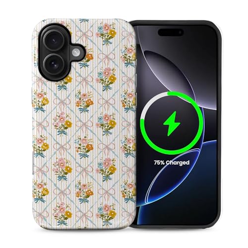 ilikediy Schutzhülle für iPhone 16 [kompatibel mit Magsafe] Muster Design Hülle für Frauen und Mädchen, Hybrid-Schutzhülle aus 2-lagigem Silikon, magnetische Schutzhülle, C-Ölgemälde, Blumen, Schleife von ilikediy