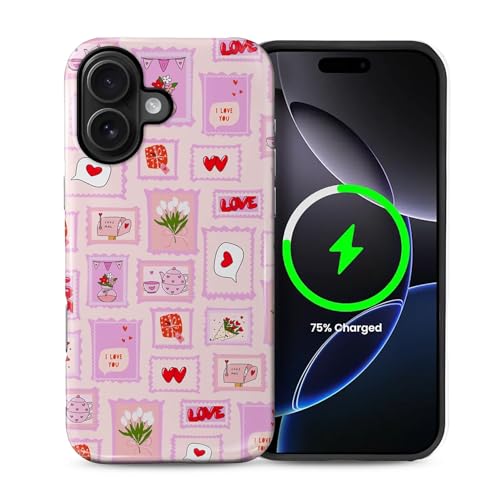 ilikediy Schutzhülle für iPhone 16 [kompatibel mit Magsafe] Musterdesign für Frauen und Mädchen, Hybrid-Schutzhülle aus 2-lagigem Silikon, magnetische Schutzhülle, C-Briefmarken, Liebesblumen von ilikediy