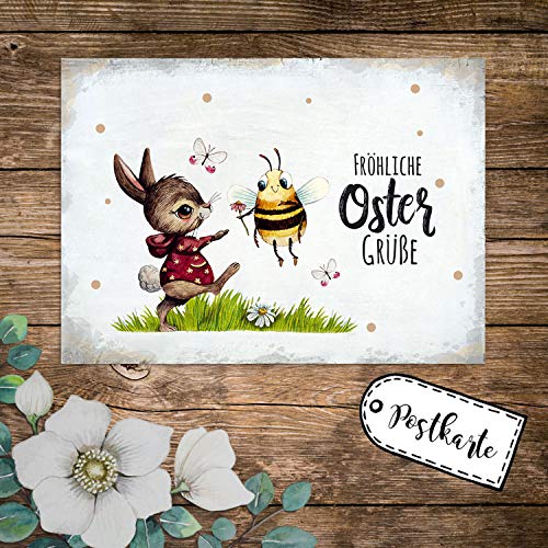 A6 Grußkarte Postkarte Osterkarte Print Hase Biene Bienchen Hummel Schmetterlinge & Spruch Fröhliche Ostergrüße Punkte pk242 - ausgewählte Menge: *10 Stück (desselben Motives)* von ilka parey wandtattoo-welt