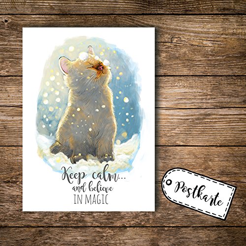 ilka parey wandtattoo-welt® A6 Postkarte Ansichtskarte Flyer Katze im Schnee mit Spruch keep calm and believe in magic pk098 von ilka parey wandtattoo-welt
