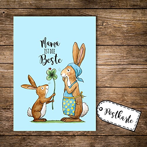 ilka parey wandtattoo-welt® A6 Postkarte Ansichtskarte Flyer Print Muttertag Häschen mit Kleeblatt und Spruch Mama ist die Beste pk104 von ilka parey wandtattoo-welt